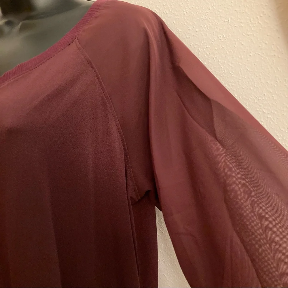 Attention Burgundy Sheer Long Sleeve Sweater Womens Minimalist Fall Top Large